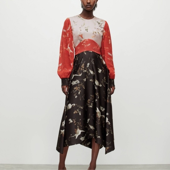 AllSaints Norah Fabia Long Sleeve Handkerchief Hem Midi Dress - Picture 2 of 9